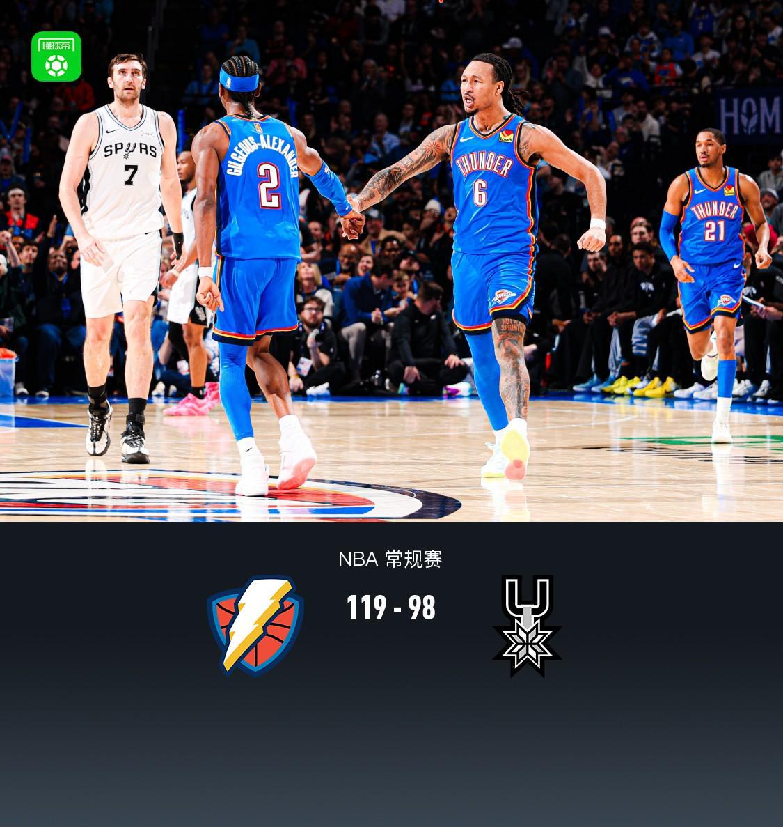 乐鱼app下载-雷霆119-98复仇马刺，亚历山大34+5+5，文班17分7板